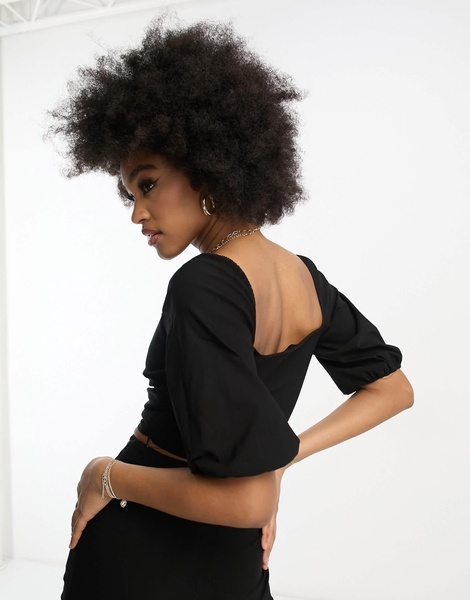 Vesper Tall puff sleeve crop top in black - part of a set