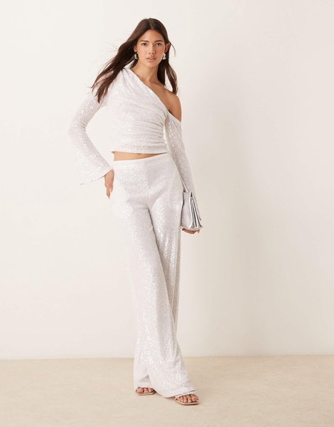 ASOS DESIGN sequin ruched asymmetric neck top in white