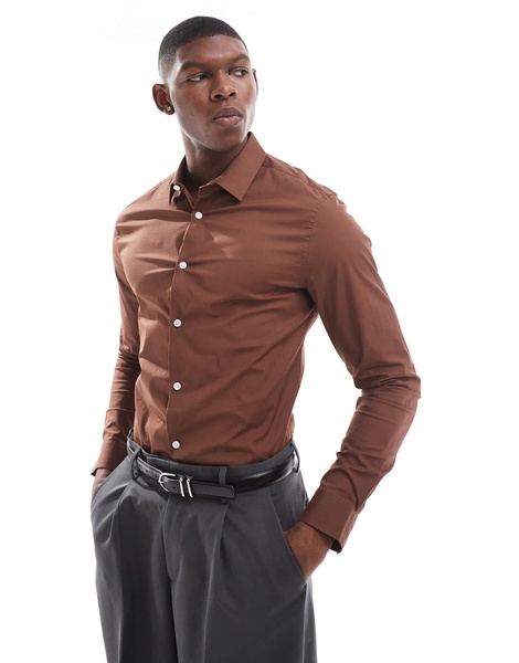 ASOS DESIGN skinny poplin shirt with square collar in brown