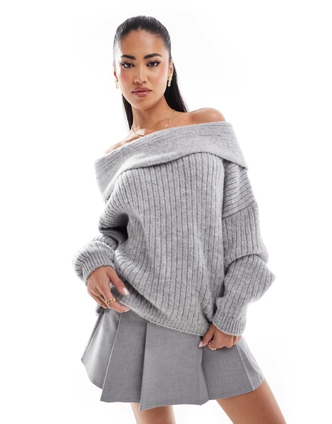 ASOS DESIGN oversized knitted off shoulder sweater in gray