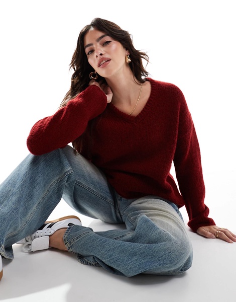 ASOS DESIGN knit v neck sweater in burgundy