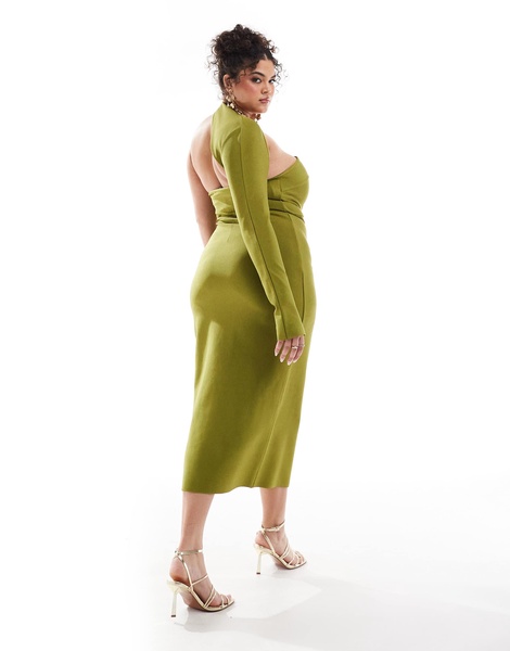 ASOS DESIGN Curve bandage wraparound neckline one sleeve midi dress in green