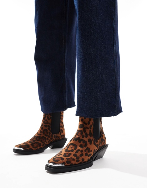 ASOS DESIGN Aruba flat western boots with toe cap detail in leopard