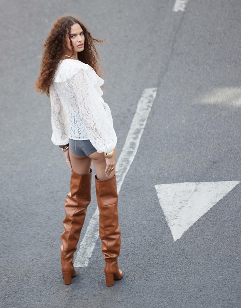 ASOS DESIGN ruffle v neck lace wrap detail blouse in cream