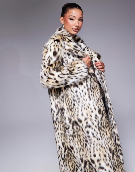 River Island long faux fur coat in leopard print