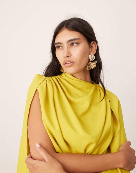 ASOS EDITION satin extreme sleeve maxi dress with ruching in chartreuse