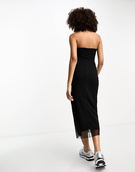 Stradivarius mesh midi dress in black