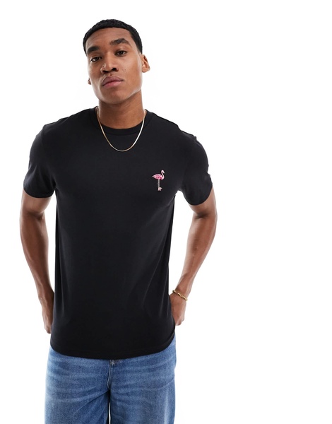 Threadbare flamingo embroidery T-shirt in black