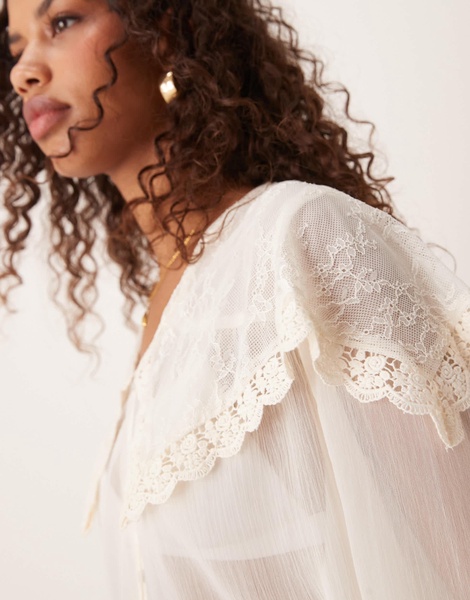 ASOS DESIGN chiffon and lace blouse with collar detail in cream