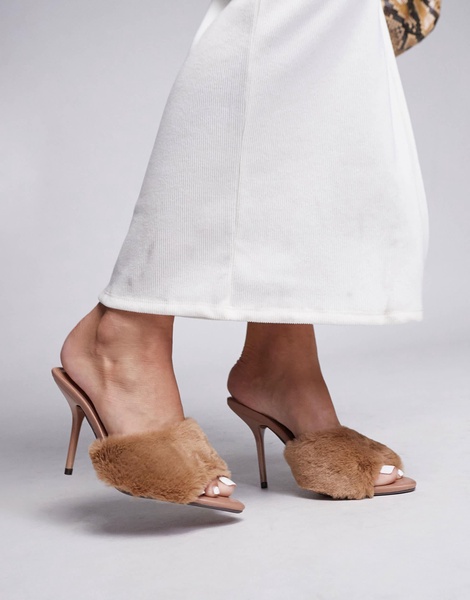 River Island faux fur heeled mules in beige