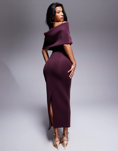 ASOS DESIGN scuba deep bardot midi dress with cape back detail in plum