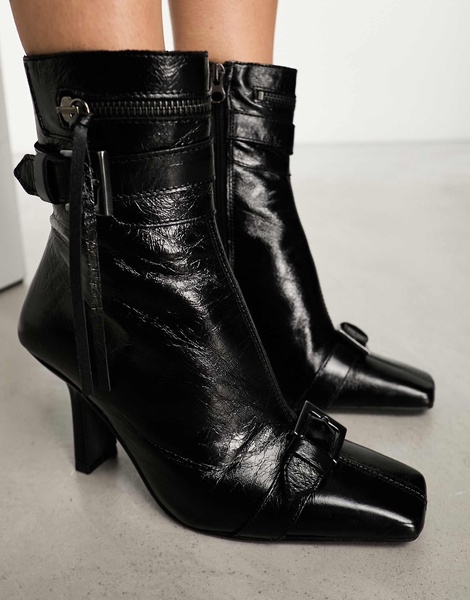 ASOS DESIGN Rosalia premium leather buckle mid boots in black