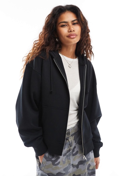 COLLUSION zip through boxy hoodie in black