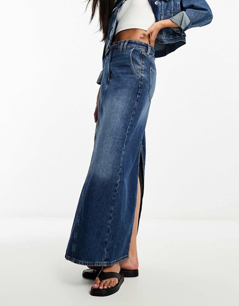 River Island seam detail maxi skirt in dark denim