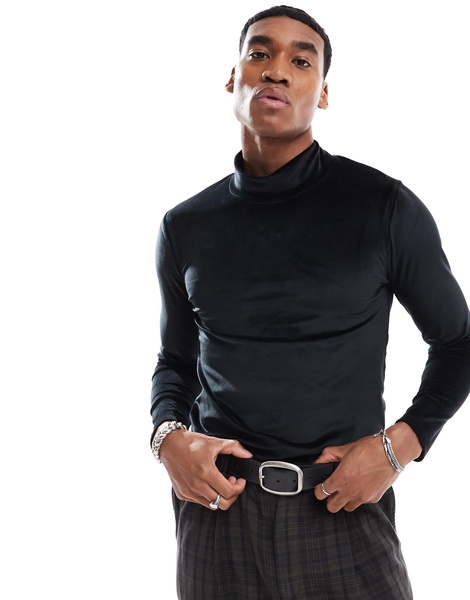 ASOS DESIGN muscle fit long sleeve t-shirt with high neck in black velour