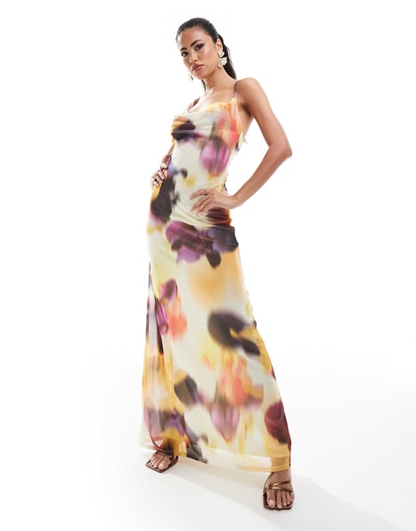 ASOS DESIGN cowl neck maxi dress with cross back detail in yellow floral