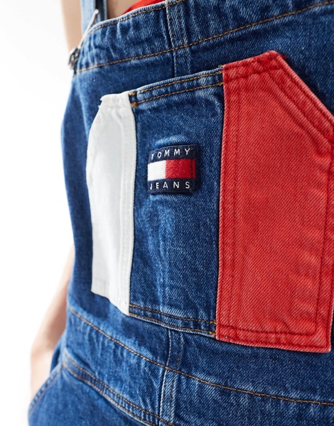 Tommy Jeans retro flag overalls in mid wash