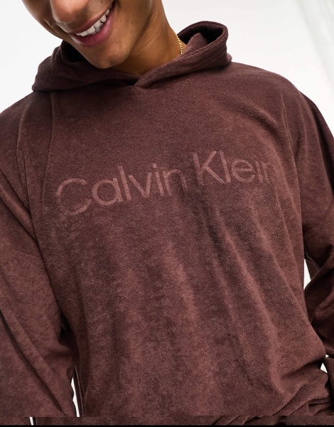 Calvin Klein cozy lounge terrycloth hoodie in deep mahogany