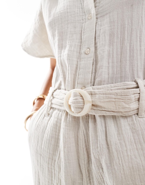 Mango belted short sleeve jumpsuit in light beige