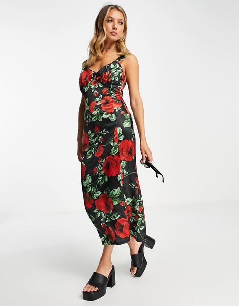 River Island floral satin cami midi slip dress in black