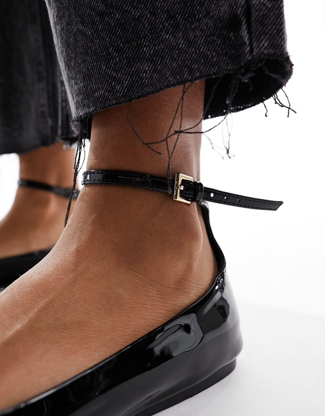 London Rebel ankle strap ballet shoes in black