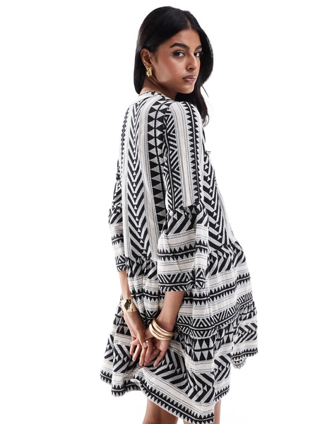 Accessorize patterned print mini beach kaftan in dark brown and white