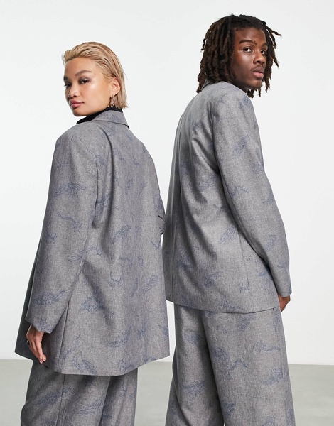 COLLUSION Unisex oversized blazer in light gray with blue print