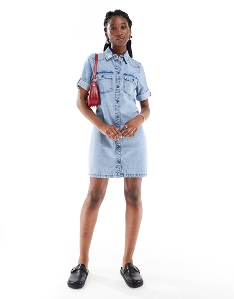 Noisy May denim mini shirt dress in lightwash blue