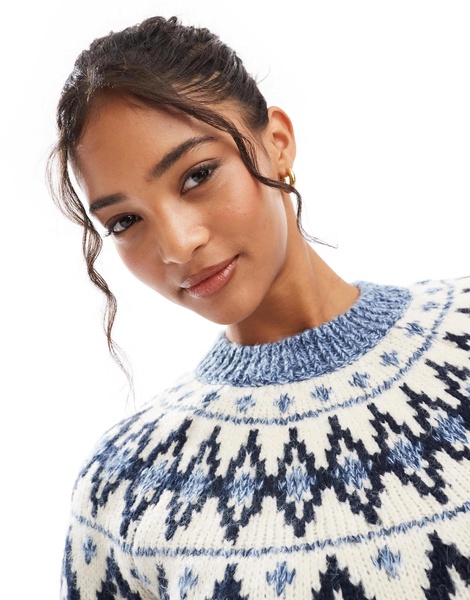 Bershka chunky Fairisle sweater in navy