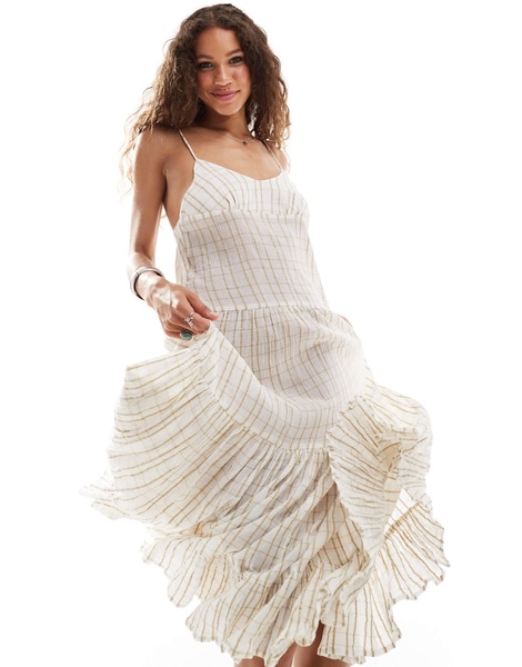 Free People check print tiered midaxi dress in ivory