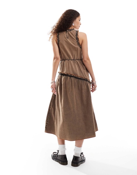 COLLUSION shirred racer neck midi dress with contrast detail in washed brown