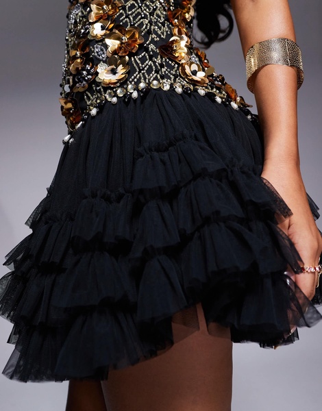 ASOS LUXE 3D floral embellished mini dress with tulle skirt in black and gold