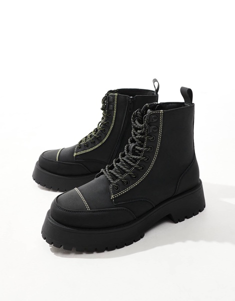 ASOS DESIGN lace-up boots in black with chunky sole and contrast stitch