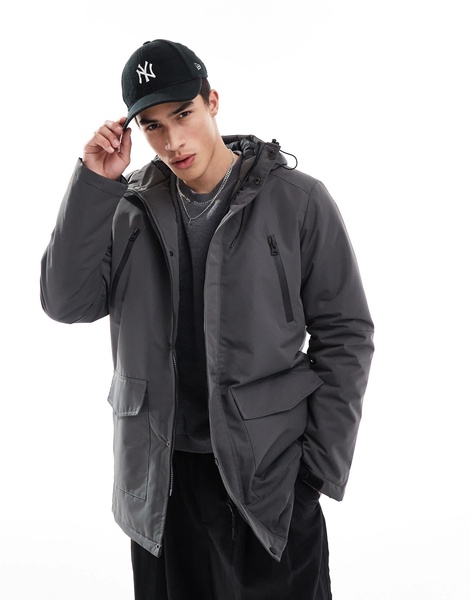 Brave Soul parka jacket with hood and concealed zip in gray