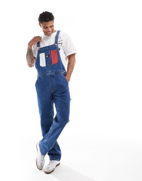 Tommy Jeans retro archive denim overalls in mid wash