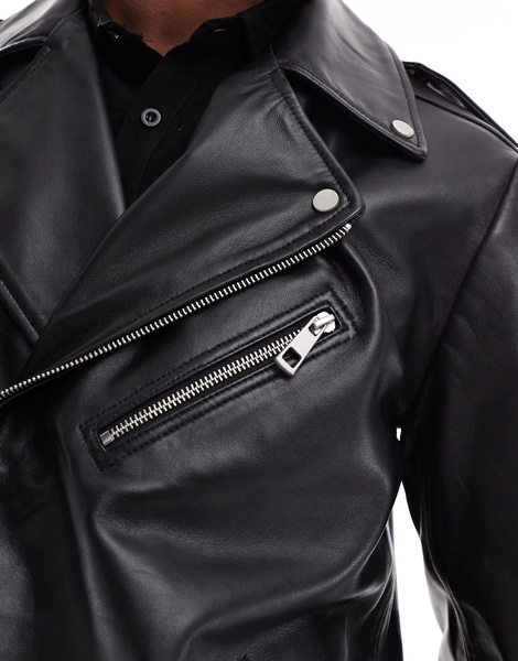 ASOS DESIGN premium real leather moto jacket in black