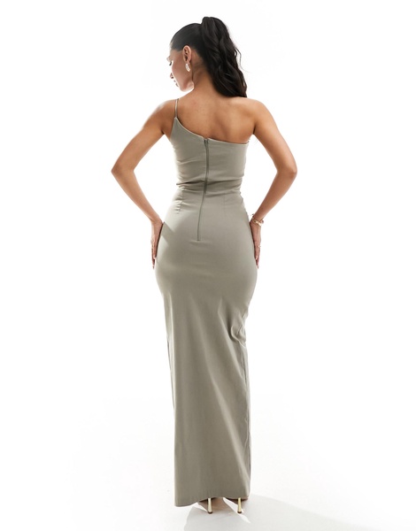 Vesper exclusive asymmetric one shoulder bodycon maxi dress in stone