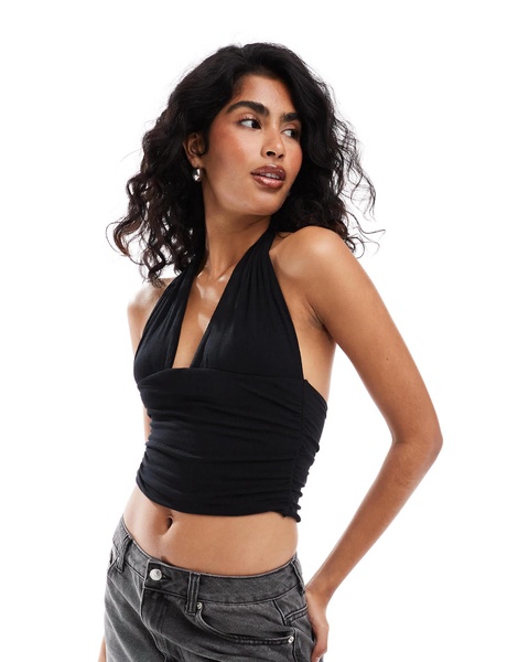 Cotton On rib ruched halter top in black