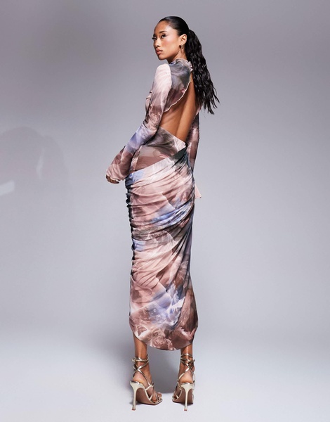 ASOS DESIGN high neck long sleeve mesh midi dress with wrap over skirt in soft abstract print