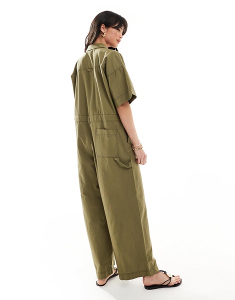 ASOS DESIGN linen look boilersuit with contrast stitch in olive