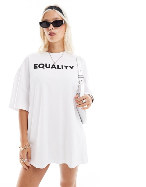 Noisy May oversized t-shirt dress with slogan in white