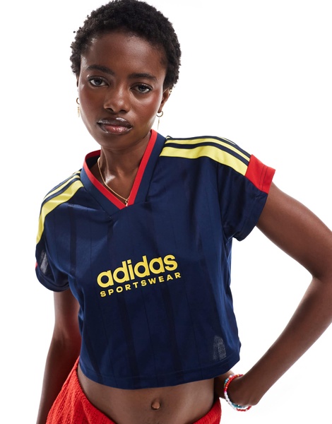 adidas Soccer Tiro crop T-shirt in navy blue with red and yellow stripes