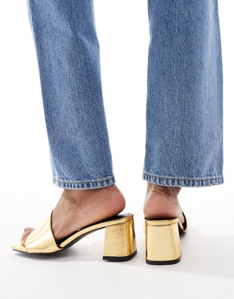 ASOS DESIGN Hundred mid block heeled mules in gold