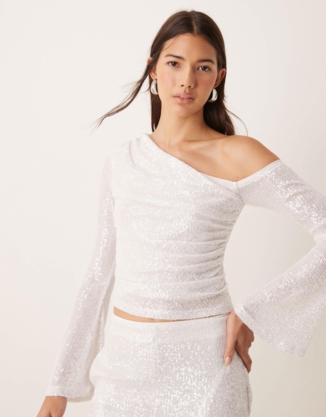 ASOS DESIGN sequin ruched asymmetric neck top in white