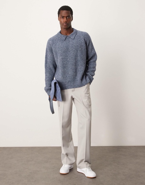 ASOS DESIGN oversized boxy fit heavyweight knitted wool mix cable sweater with collar in blue heather