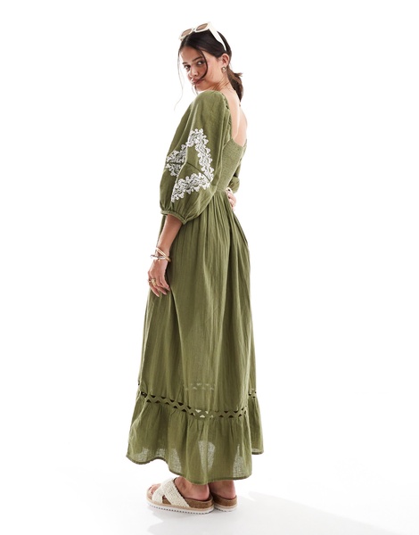 Accessorize ruched puff sleeve maxi beach dress in olive green