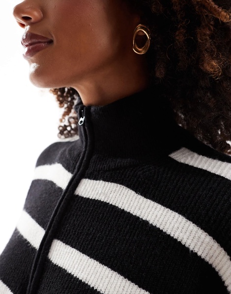 French Connection half zip cropped knitted sweater in black and white stripe