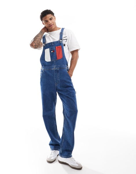 Tommy Jeans retro archive denim overalls in mid wash