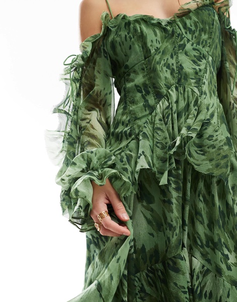 ASOS DESIGN ruffle midi dress with open sleeves and ties in green floral print