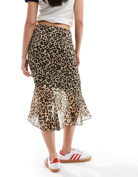 Mango leopard print midi skirt with asymmetric hem in brown